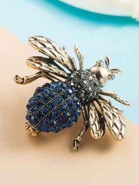 Gold Blue Bee Crystal Brooch